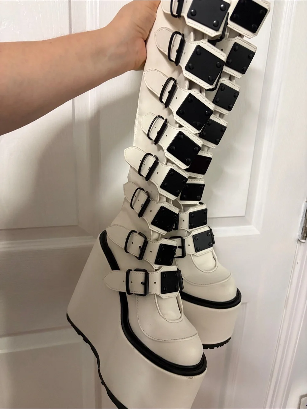 Demonia White Knee-High Platform Buckle Boots size 6 Goth